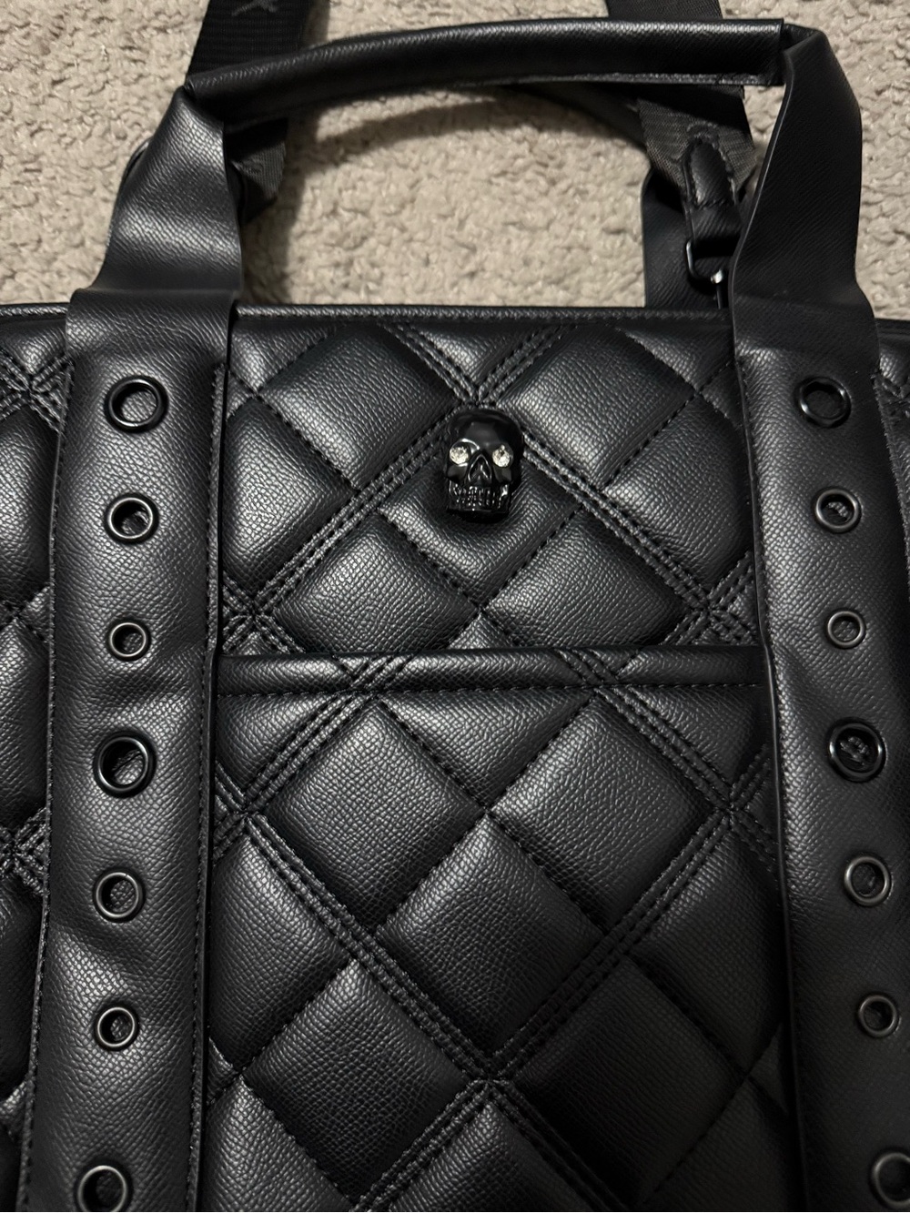 Betsey Johnson Black Quilted Shoulder Tote with Skull Accent